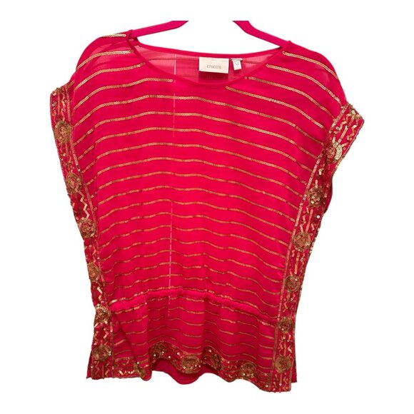 Chico's Fushia & Gold Sequin Embroidered Blouse - Picture 1 of 9